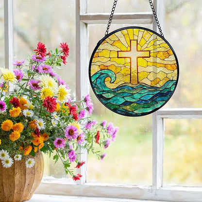 Easter Coastal Christian Cross Suncatchers Stained Glass Window Hanging, Ocean Beach Cross Sun Catchers Indoor Window Glass Round Wall Decor, Christian Wall Hanging Decorations, 7.9x7.9in