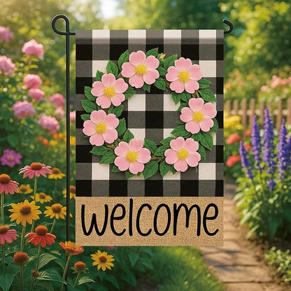 Buffalo Plaid Welcome Wreath Garden Flag Pink Wild Rose Flower Flag 12x 18 Inch Double Sided Spring Outdoor Fall Autumn Farmhouse Outdoor Small Decor for Porch Lawn Patio Yard