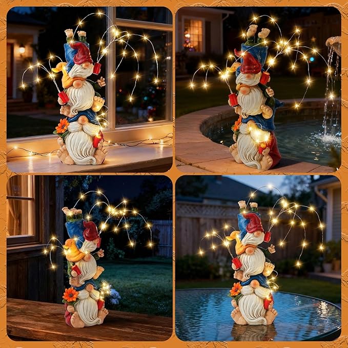 Gnomes Decorations for Yard, Triple Stacked with DIY Firework Lights, Solar Garden Gnome Outdoor Decor Statue for Patio Lawn, Mothers Day Birthday Gift for Mom Grandma (11.5in)