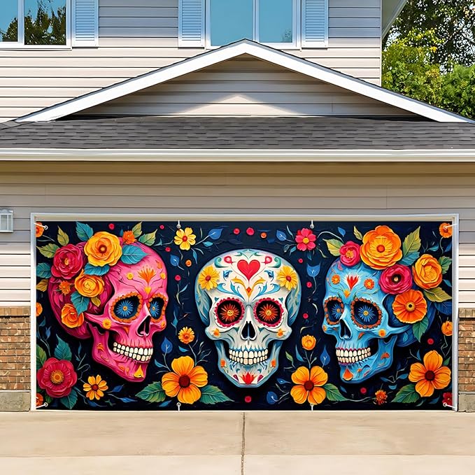 13x6 ft Sugar Skull and Marigolds Garage Door Banner - Mexican Day of the Dead Floral Skull Backdrop, Hanging Garage Decor - for Halloween Dia de los Muertos Party, Cultural Wall Art
