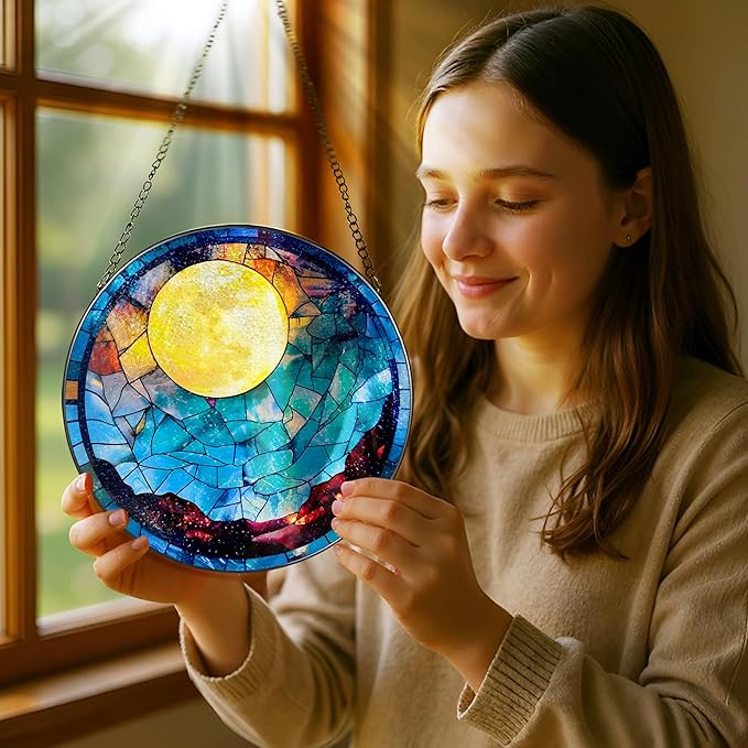 Stained Glass Window Hanging - 8 Inch Full Moon Suncatcher for Window Doors Home Decoration, Valentine's Day Mother's Day Christmas Birthday Gifts for Women, Men, and Mom Grandma