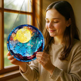 Stained Glass Window Hanging - 8 Inch Full Moon Suncatcher for Window Doors Home Decoration, Valentine's Day Mother's Day Christmas Birthday Gifts for Women, Men, and Mom Grandma
