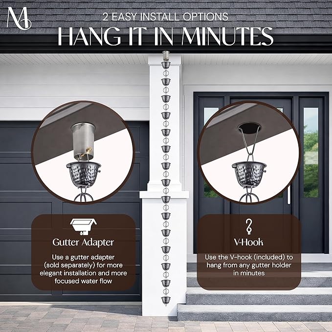 Monarch Rain Chains Aluminum Hammered Cup Pewter Rain Chains for Gutters – 8.5 ft Pewter Decorative Rainchain Outdoor Durable Heavy Duty Gutter Chain Downspout Modern Rainchains for Outside