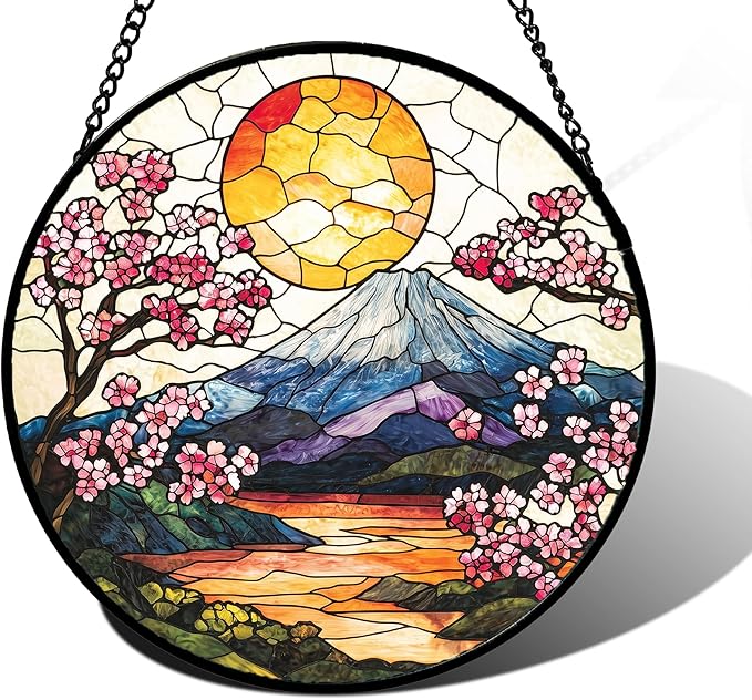 DASTOLL Stained Glass Window Hanging, Sun Blooming Cherry Blossoms Suncatcher Diamond Glass Panel Sun Catchers Decor for Birthday for Women, Men, Wife, Aunt, and Mom 6.3 in