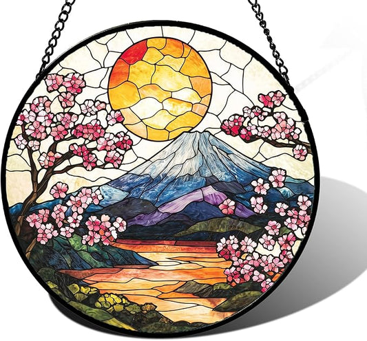 DASTOLL Stained Glass Window Hanging, Sun Blooming Cherry Blossoms Suncatcher Diamond Glass Panel Sun Catchers Decor for Birthday for Women, Men, Wife, Aunt, and Mom 6.3 in