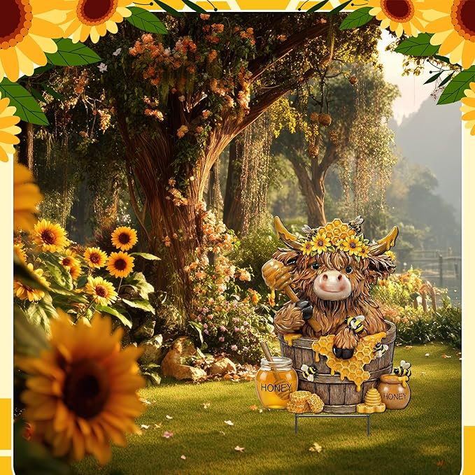 Amyhill Bee Highland Cow Outdoor Decor Honeybee Cow Metal Garden Stakes Decorative Rustic Bee Calf Lovers Yard Signs with Stakes for Farmhouse Spring Garden Lawn Outdoor Decorations