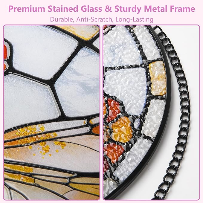 Stained Glass Window Hanging, Dragonfly Circular Painted Glass Suncatcher with Chain & Suction Cup for Home Garden Door Decor, Birthday for Women Men Mom 7.8 in