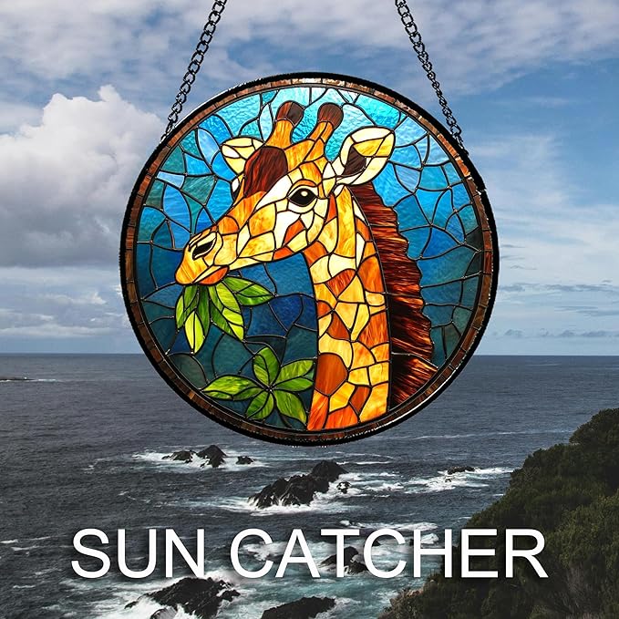 Stained Glass Window Hanging Orange Giraffe Blue Green Leaves Large 15" - Suncatcher Door Garden Sunroom Sun Catcher Home Decor Birthday Christmas for Mom Men Woman Nana