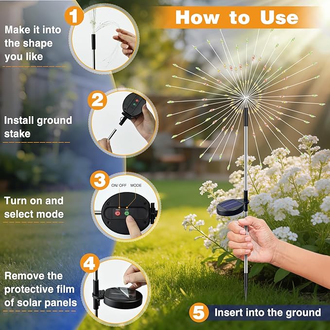 btfarm 4 Pack 120 LED Solar Garden Lights Outdoor, 8 Modes Firework Lights Solar Powered, Waterproof Twinkle Fairy Light Outside for Yard Patio Pathway Pool Christmas Party Decorative, Multicolor