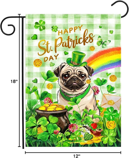 Pug St Patricks Day Garden Flag Dog St Patrick's Day Yard Flags for Outside 12x18 Double Sided Buffalo Plaid Shamrock Flag Small Outdoor Rainbow St Patrick's Decor