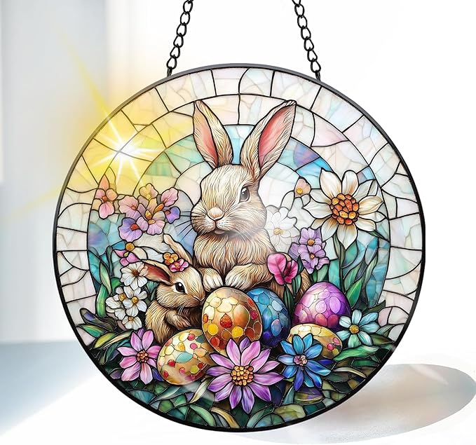 VAIIEYO Rabbit Sun Catcher Stained Glass Window Hanging Ornament, Handmade Sun Catcher Easter Egg Decoration with Hooks for Window Garden Home, Mother's Day & Birthday Housewarming Gift (7.8 inch)