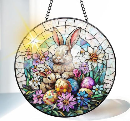 VAIIEYO Rabbit Sun Catcher Stained Glass Window Hanging Ornament, Handmade Sun Catcher Easter Egg Decoration with Hooks for Window Garden Home, Mother's Day & Birthday Housewarming Gift (7.8 inch)
