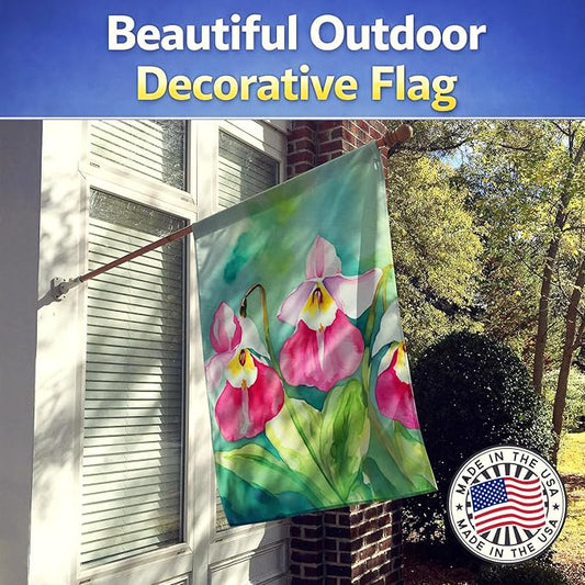 Caroline's Treasures Minnesota Pink and White Lady�s Slippers in Watercolor House Flag Large Porch Sleeve Pole Decorative Outside Yard Banner Artwork Wall Hanging, Polyester, House Size, Multicolor