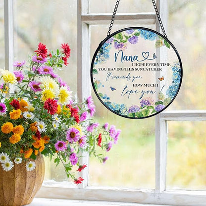 Nana Gifts Suncatchers Stained Glass Window Hanging, Nana Gifts for Mother's Day from Grandkids Sun Catchers Indoor Window, Best Grandma Gift, 7.9x7.9in