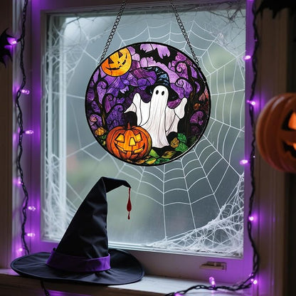 Stained Glass Window Hanging Halloween White Ghost Black Bat 11.8" - Suncatcher Door Garden Sunroom Horror Pumpkin Sun Catcher Birthday for Friend Mom Men Woman Nana