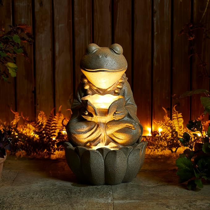 Glitzhome Outdoor Frog Statues Garden Decorations 22" H, Zen-Style Meditative Frog Sculpture Water Fountains LED Floor Standing Fountain Outside Frog Statue with Birdbath for Backyard Decking Decor