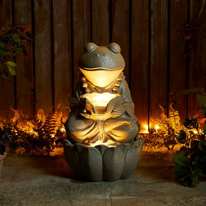 Glitzhome Outdoor Frog Statues Garden Decorations 22" H, Zen-Style Meditative Frog Sculpture Water Fountains LED Floor Standing Fountain Outside Frog Statue with Birdbath for Backyard Decking Decor