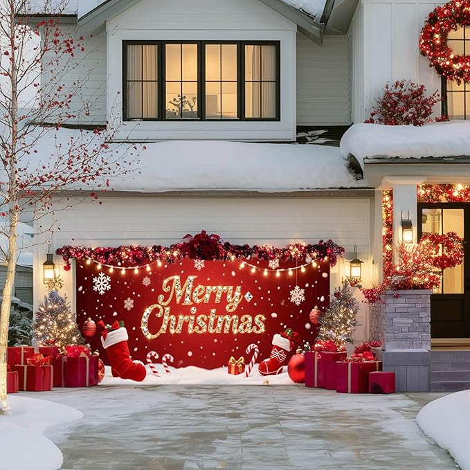 IVN Christmas Garage Door Cover Decoration 13x6ft Red Stockings Candy Canes Snowflakes Ornaments Merry Christmas Winter Garage Door Banner Home Door Front Yard Decor for Xmas Eve Holiday Outdoor
