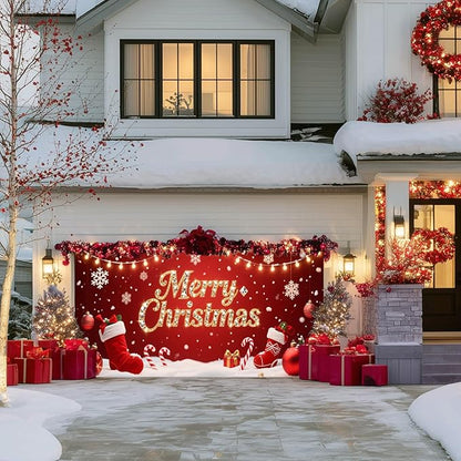 IVN Christmas Garage Door Cover Decoration 13x6ft Red Stockings Candy Canes Snowflakes Ornaments Merry Christmas Winter Garage Door Banner Home Door Front Yard Decor for Xmas Eve Holiday Outdoor