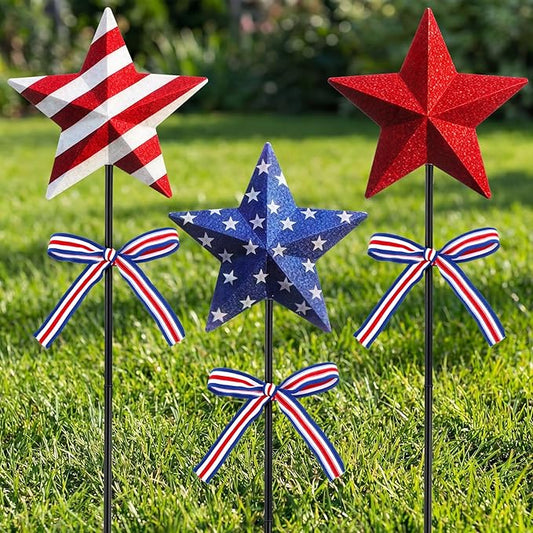 Amyhill 4th of July Decorations, 3 Pack Patriotic Star Garden Stakes, Glitter 250th Anniversary Red White Blue Metal Yard Signs with Stakes, Outdoor Decor for Patio Lawn Walkway