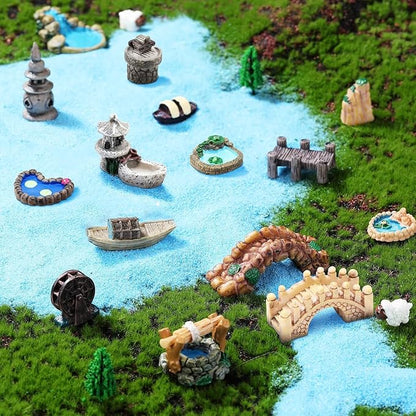 Brown Stone Arch Bridge Miniature Fairy Garden Accessories - Miniature Pond Lawn Garden Ornament Figurines, Mini Lighthouse Water Well Bridge Figurines, Micro Landscape Ornaments for DIY Kit