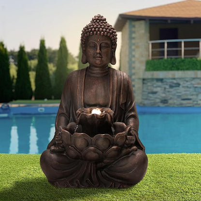 Glitzhome Buddha Statue 28" H, Outdoor Buddha Large Statue Zen Style Buddha Fountian with LED Light & Pump Polyresin Outdoor Floor Freestanding Fountain Garden Buddha Sculptures & Statues Lawn Décor