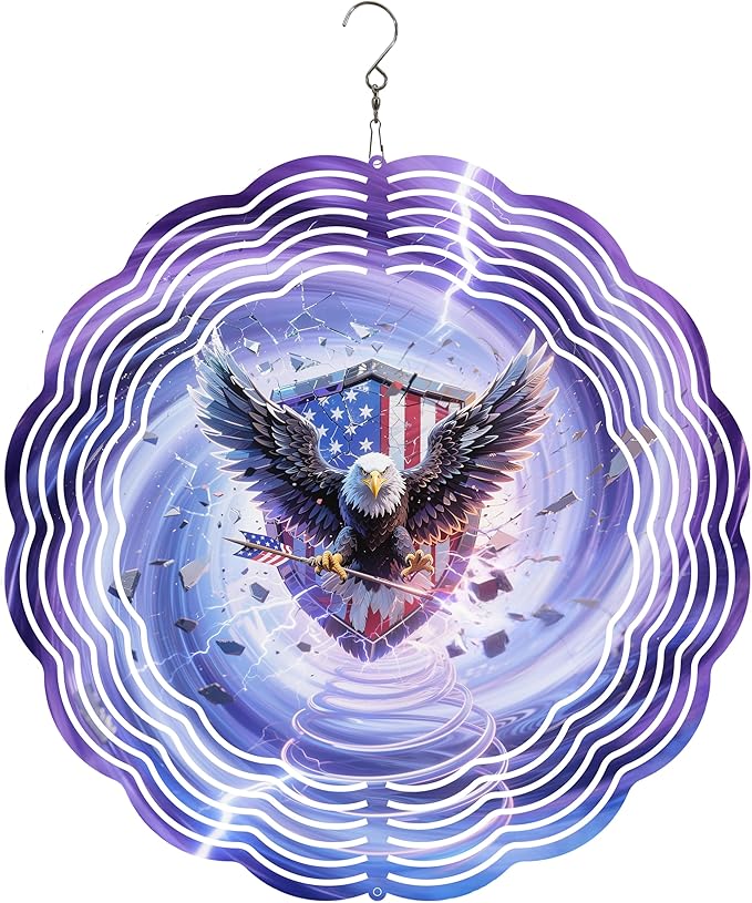 10x10 Patriotic Bald Eagle Spinning Wind Chime American Flag Lightning Wind Spinner Outdoor Garden Decor Memorial Day 4th of July Gift