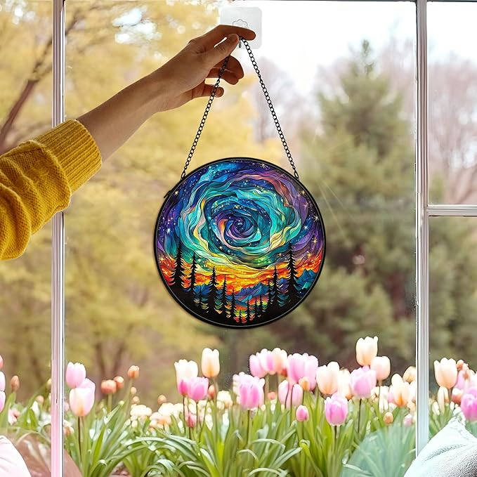 Northern Lights Suncatcher Stained Glass Window Hanging Decor Ornaments, Nature Mountain Stained Glass Decor, Landscape Garden Lawn Sun Catchers Hanging Wall Art, Nature Lover Gifts,7.9x7.9In