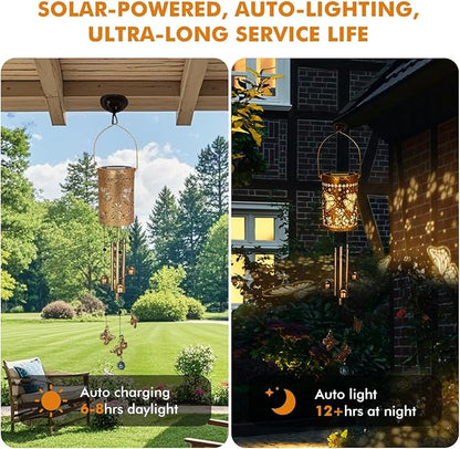 Solar Wind Chimes for Outside - Retro Metal Hanging Solar Lantern for Garden, Patio Decor, IP65 Waterproof Solar Powered Light - Perfect Birthday, Mothers Day Gift for Women(Butterfly)
