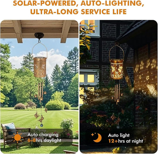 Solar Wind Chimes for Outside - Retro Metal Hanging Solar Lantern for Garden, Patio Decor, IP65 Waterproof Solar Powered Light - Perfect Birthday, Mothers Day Gift for Women(Butterfly)