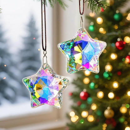 H&D HYALINE & DORA 2 Pack Crystal Sun Catcher Star Prisms 2" AB Colored Hanging Crystals for Window Rainbow Maker Glass Prisms Suncatchers for Home Garden Christmas Decor