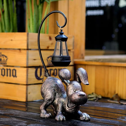Laughing Dog Figurine with Solar-Powered LED Light 15.9 Inch Tall Antique Bronze, Perfect for Gift Garden Decor or Housewarming for Dog Lovers