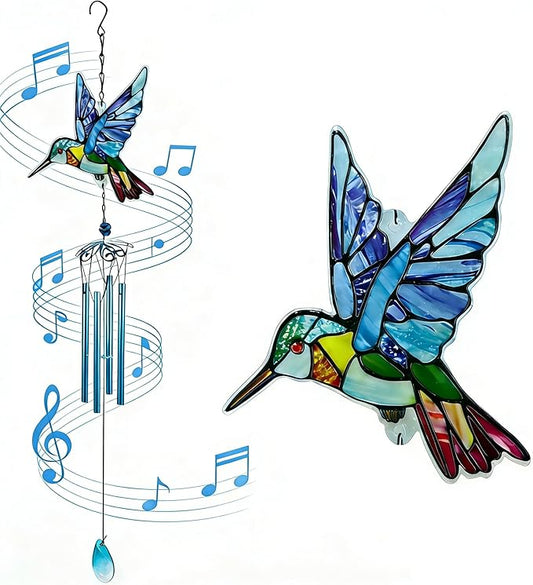 Wind Chimes for Outside, Blue Stained Glass Hummingbird Wind Chime, Deep Tone Memorial Gifts for Women Mom Grandma, Durable Metal Garden Patio Yard Window Decoration