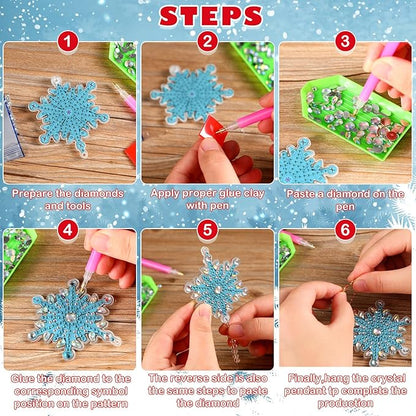 4 Pcs 5D 9.7x3 inch Christmas Diamond Painting Kits DIY Point Drill Diamond Painting Wind Crystal Wind Chimes Double Snowflake Ornaments with Crystal Pendant for Home Garden Hanging Decor(Blue, White)