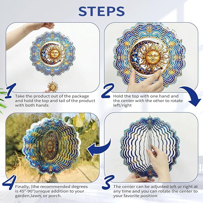 Sun and Moon Wind Spinners Outdoor Hanging - 12 inch Sun Outdoor Metal Decor Birthday Gifts for Women Mom Grandma,3D Wind Sculptures Art for Yard and Garden Patio Lawn Balcony Porch Decorations