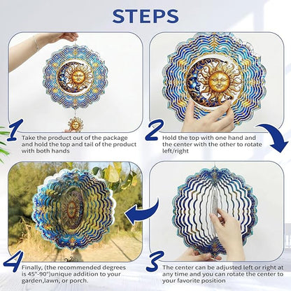 Sun and Moon Wind Spinners Outdoor Hanging - 12 inch Sun Outdoor Metal Decor Birthday Gifts for Women Mom Grandma,3D Wind Sculptures Art for Yard and Garden Patio Lawn Balcony Porch Decorations