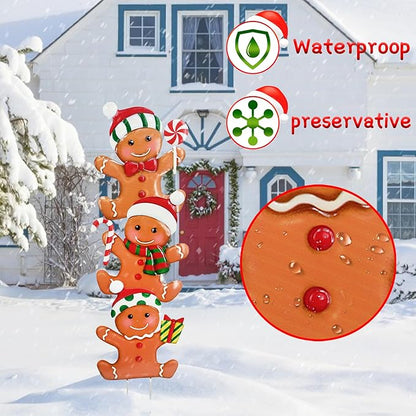 3 Pack Metal Christmas Yard Signs Decor for Multiple Stacked,Voumsil Christmas Yard Stakes with Gingerbread Man Fall Yard Decor for Outside Garden Yard Lawn Porch