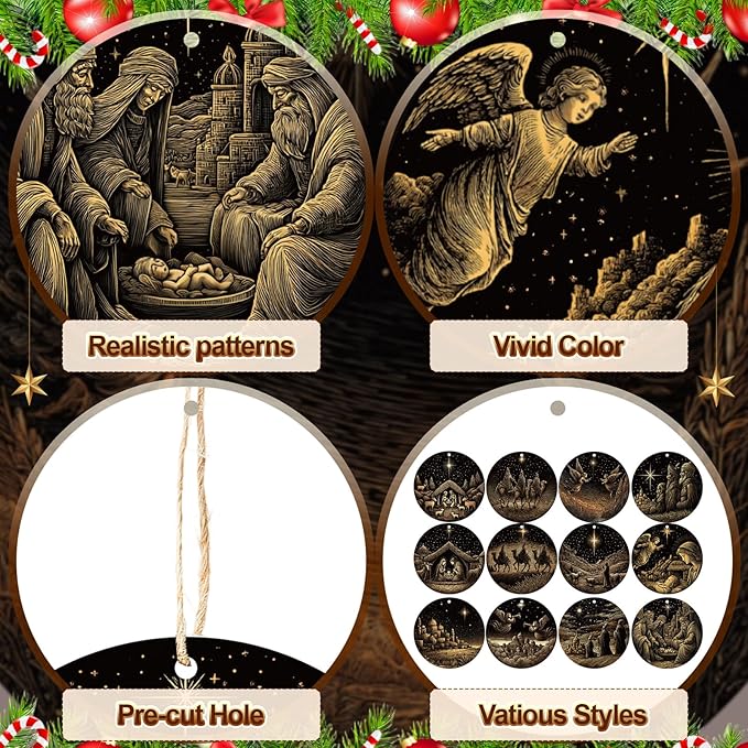 Soaoo 60 Pcs Nativity Scene Christmas Tree Ornament Christian Religious Ornaments Bulk Round Nativity Xmas Tree Hanging Wooden Decorations for Garden Yard Outdoor Home (Regular Style)