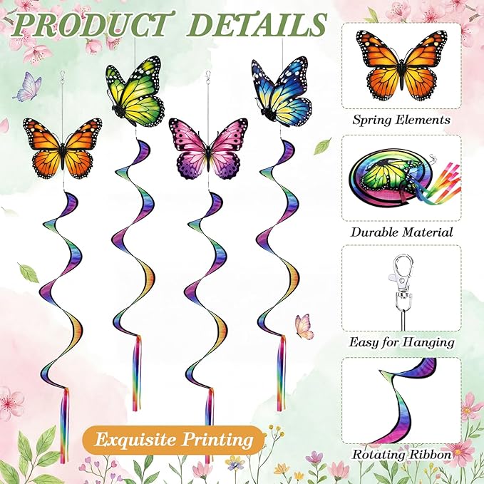 Gerrii 4 Pcs Spring Butterfly Windsock for Outside Monarch Butterfly Wind Spinner Hanging Decor Springtime Wind Twister Windmill for Yard Garden Patio Home Supply