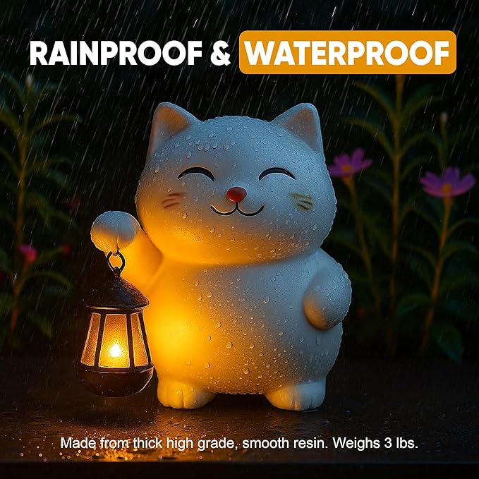 Solar Cat Garden Statue with Lantern – Outdoor Cat Statue for Garden, Patio & Yard, Weatherproof Resin Figurine Lawn Ornament Garden Decor with Soft Solar Glow