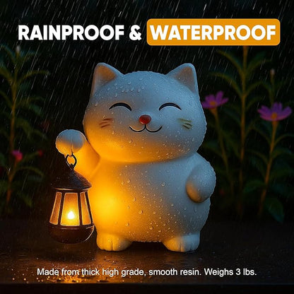 Solar Cat Garden Statue with Lantern – Outdoor Cat Statue for Garden, Patio & Yard, Weatherproof Resin Figurine Lawn Ornament Garden Decor with Soft Solar Glow