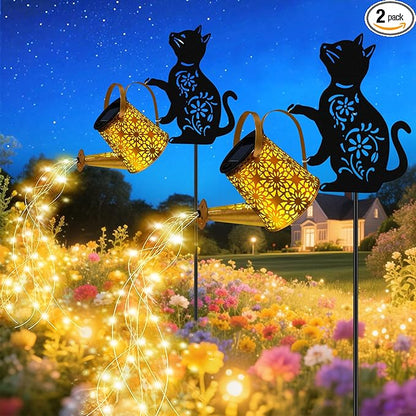 Solar Lights Outdoor, 2 Pack Black Cat Solar Watering Can Lights, Birthday Gifts for Women Mom Cat Lover Mother's Day Christmas, Waterproof Hanging Lantern Garden Decor Outside Patio Yard Pathway