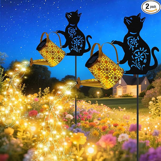 Solar Lights Outdoor, 2 Pack Black Cat Solar Watering Can Lights, Birthday Gifts for Women Mom Cat Lover Mother's Day Christmas, Waterproof Hanging Lantern Garden Decor Outside Patio Yard Pathway