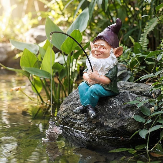 Gnomes Decoration for Yard Outdoor Garden Decor 9.7 Inch Tall Fishing Gnome Statue for Koi Pond, Waterfalls or Poolside Ornaments, Fisher Guy Outdoor Statues, Gift for Mom & Women
