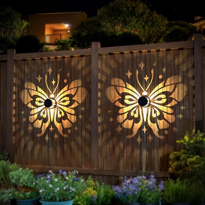 Hapjoy Solar Fence Lights 4 Pack Solar Deck Lamps Outdoor Decorations Powered Step Lights Wall Waterproof LED Warm Decorative Lighting for Garden (Butterfly-Star, 4)