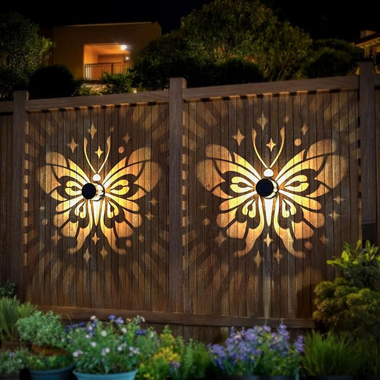 Hapjoy Solar Fence Lights 4 Pack Solar Deck Lamps Outdoor Decorations Powered Step Lights Wall Waterproof LED Warm Decorative Lighting for Garden (Butterfly-Star, 4)