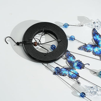 YU FENG Butterfly Memorial Wind Chime with Crystal Suncatcher – 27 Inch Outdoor Wind Chimes for Garden, Blue Butterfly Sympathy Gift for Loss of Loved One, Remembrance Decor for Yard, Patio, Mom