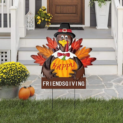 Friendsgiving Metal Turkey Yard Signs Rustic Thanksgiving Decorations with Stakes for Outdoor Indoor Fall Harvest Welcome Sign for Porch, Lawn, and Wall Decor