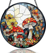 kdqua Mushroom Flower Suncatcher Stained Glass Window Hanging, Full Moon Mushroom Sun Catchers Indoor Window Glass Round Wall Decor, Cottagecore Wall Art Hanging Decorations Statues, 7.9x7.9in