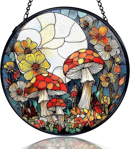 kdqua Mushroom Flower Suncatcher Stained Glass Window Hanging, Full Moon Mushroom Sun Catchers Indoor Window Glass Round Wall Decor, Cottagecore Wall Art Hanging Decorations Statues, 7.9x7.9in